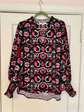 CROSBY by Mollie Burch Black Multicolor Floral Print Long Sleeve Blouse Large